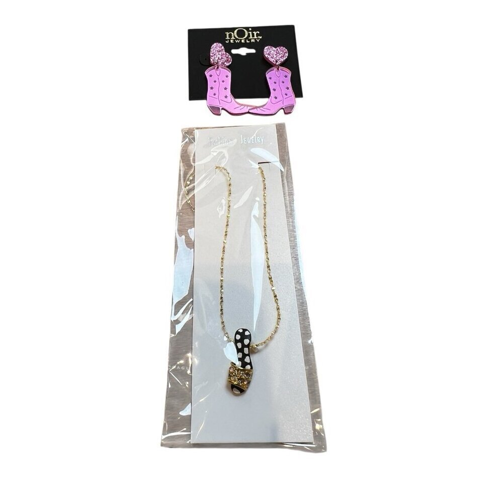 Pink Cowboy Boot Earrings & Shoe Pendant Necklace Set Western Indie Cowgirl NWT